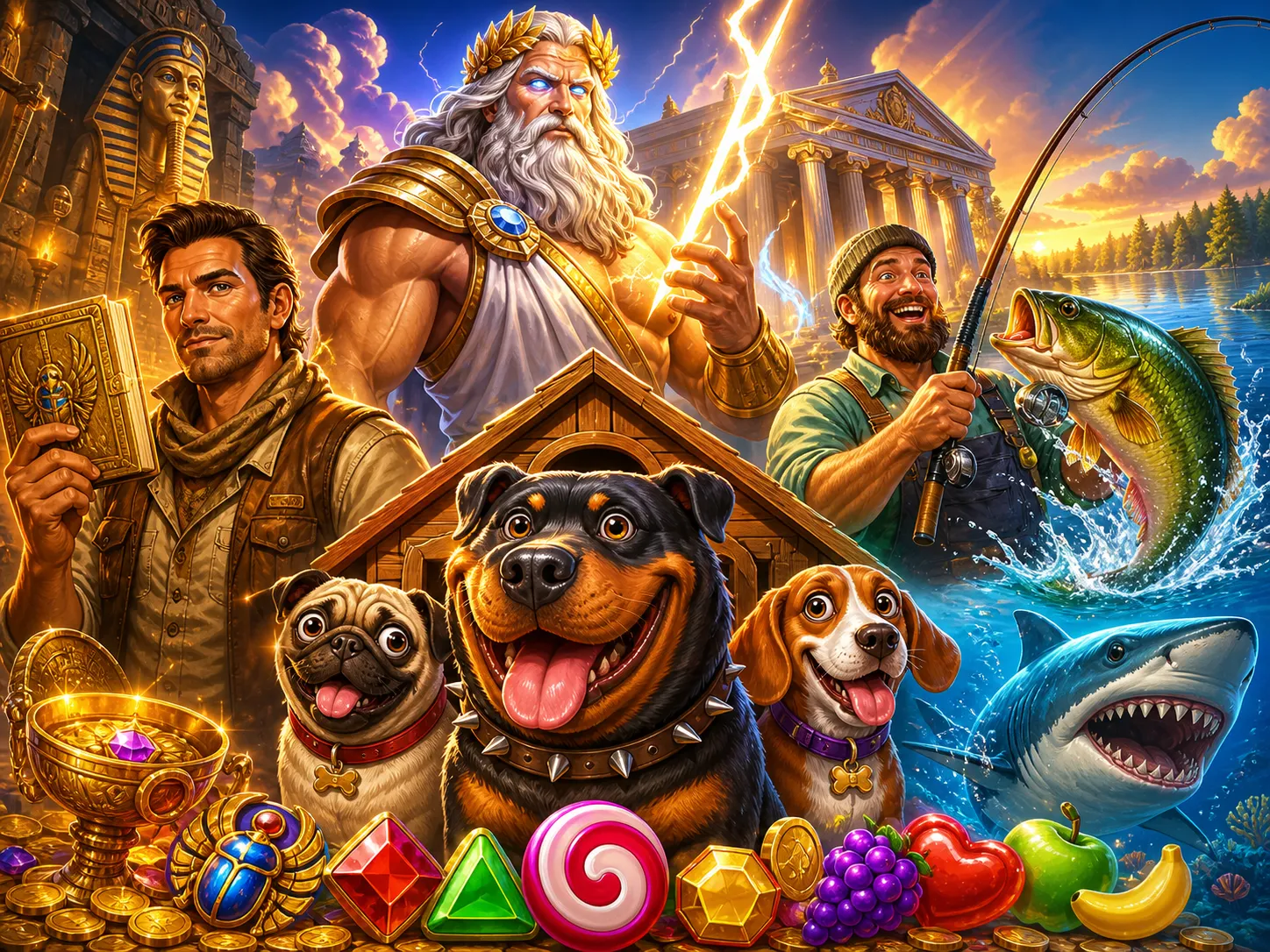 Illustrative slot game artwork featuring vibrant fantasy themes with characters and mystical environments.